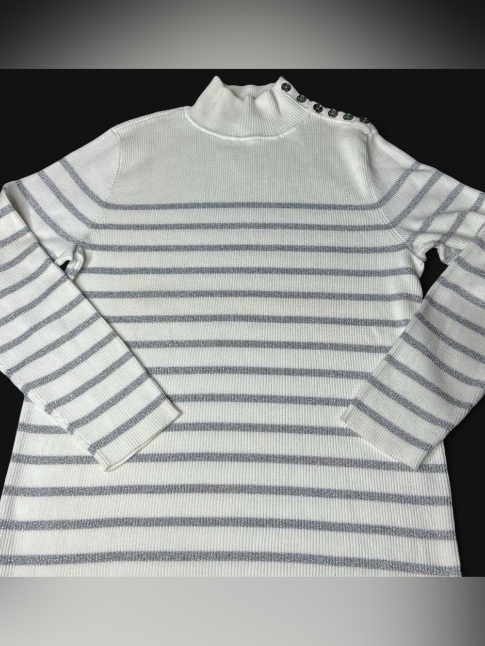 Ralph Lauren White and Silver Metallic Striped Mock Funnel neck Sweater
